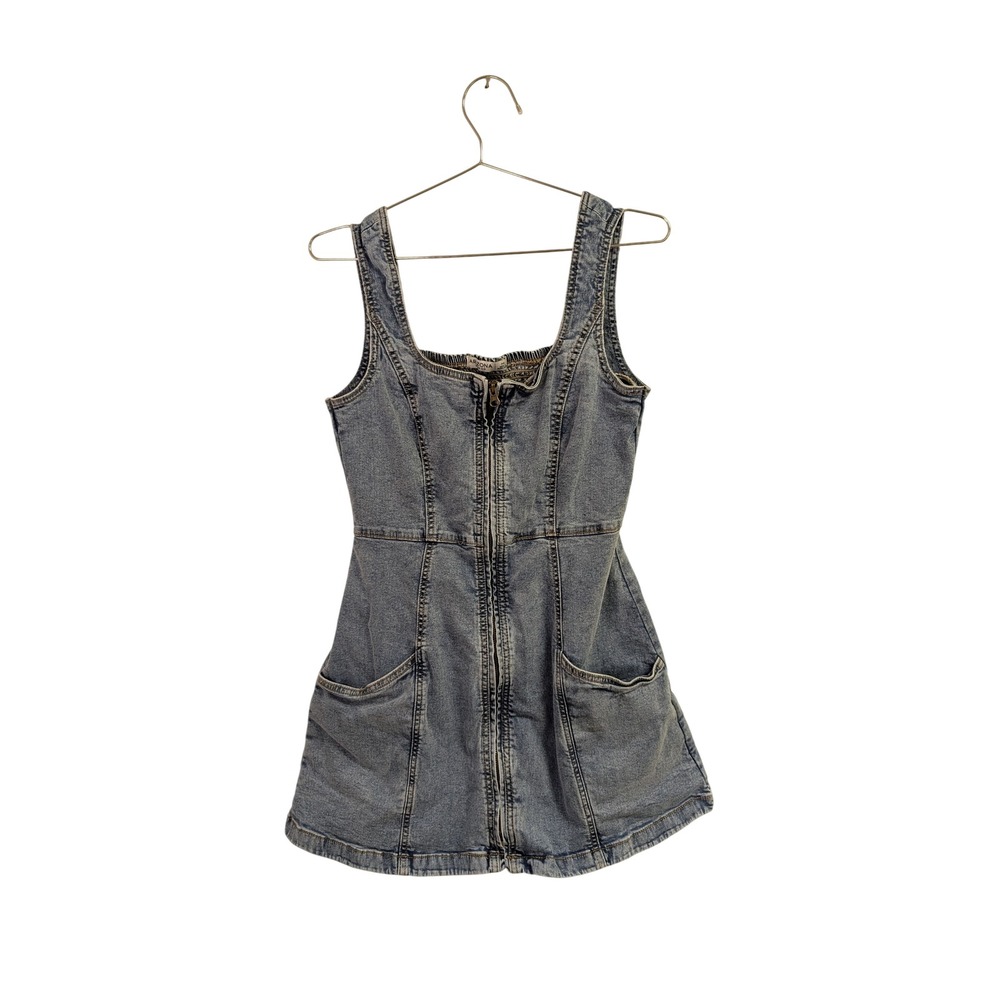 Arizona Jean Co. Zipper Front Denim Mini Dress Y2K Smocked Utilitarian Junior M